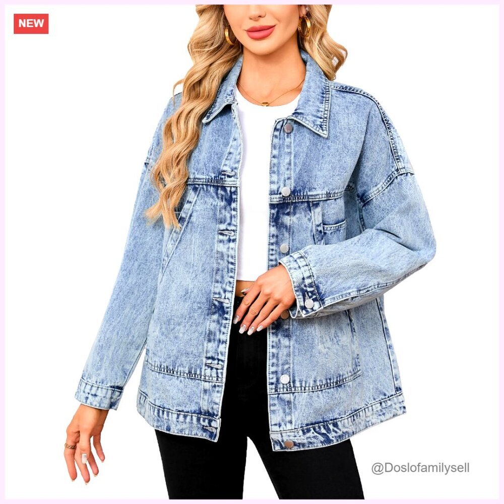 Oversized Denim Jacket Long Sleeve Button Front Pockets Casual